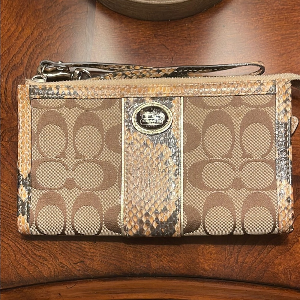 Coach Tan and Brown Signature Wristlet with Snake Print